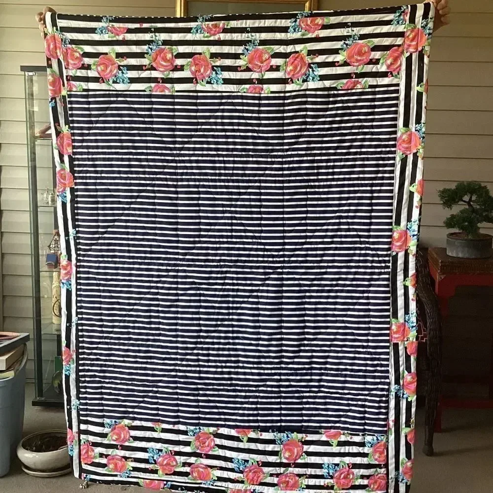 NWT. Hand Crafted Pink and Black Striped With Roses Floral Quilt